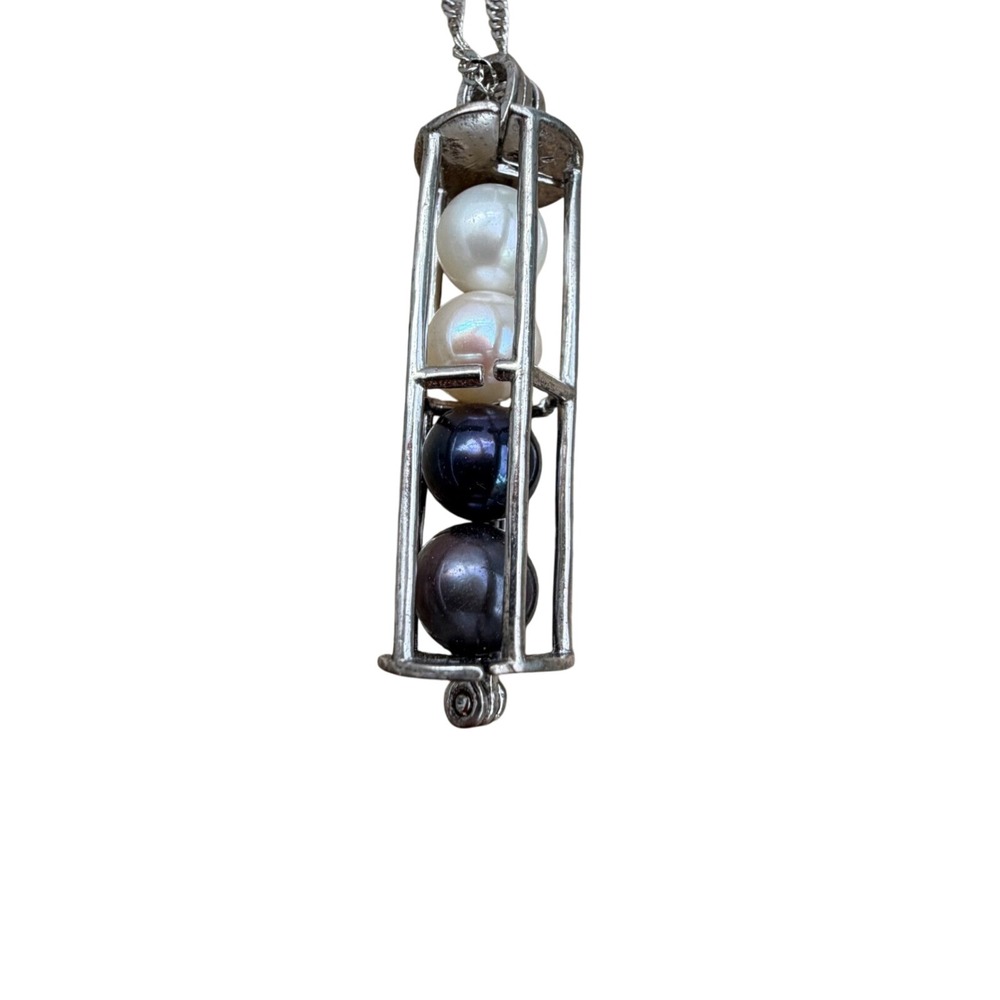 Pearl Cage Pendant Necklace Womens Silver Tone White Navy Black Ombre Stack